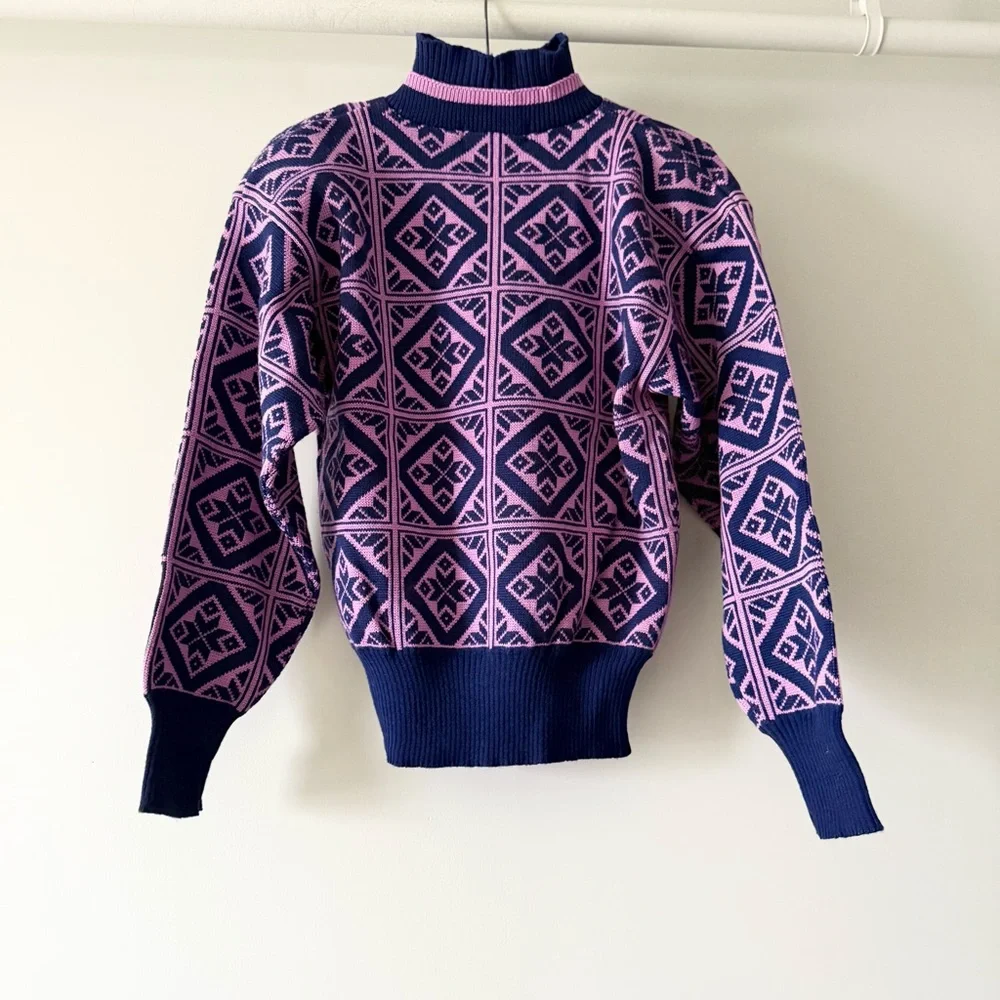 Vintage Obermeyer Fair Isle Nordic Pink Wool‎ Sweater Sz S Grandma